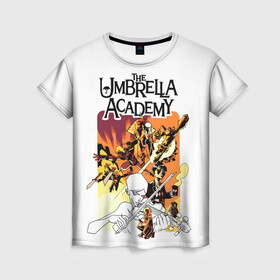 Женская футболка 3D с принтом Академия Амбрелла в Новосибирске, 100% полиэфир ( синтетическое хлопкоподобное полотно) | прямой крой, круглый вырез горловины, длина до линии бедер | the umbrella academy | umbrella | академия амбрелла | амбрелла | зонтик | комиксы