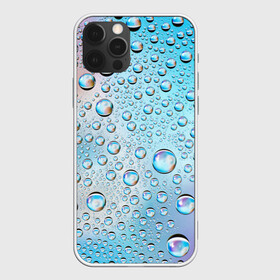 Чехол для iPhone 12 Pro с принтом Капли голубой роса стекло вода в Новосибирске, силикон | область печати: задняя сторона чехла, без боковых панелей | вода | градиент | для всех | дождь | капли | летний | на каждый день | обычный | окно | поверхность | повседневный | размытость | роса | стекло