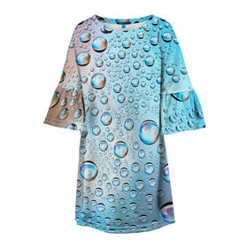 Детское платье 3D с принтом Капли голубой роса стекло вода в Новосибирске, 100% полиэстер | прямой силуэт, чуть расширенный к низу. Круглая горловина, на рукавах — воланы | Тематика изображения на принте: вода | градиент | для всех | дождь | капли | летний | на каждый день | обычный | окно | поверхность | повседневный | размытость | роса | стекло