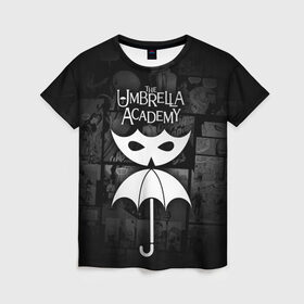 Женская футболка 3D с принтом Академия Амбрелла в Новосибирске, 100% полиэфир ( синтетическое хлопкоподобное полотно) | прямой крой, круглый вырез горловины, длина до линии бедер | the umbrella academy | umbrella | академия амбрелла | амбрелла | герб | зонтик
