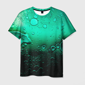 Мужская футболка 3D с принтом Зеленые капли клетки в Новосибирске, 100% полиэфир | прямой крой, круглый вырез горловины, длина до линии бедер | биология | вода | градиент | для всех | дождь | капли | клетки | летний | на каждый день | обычный | окно | поверхность | повседневный | размытость | роса | стекло