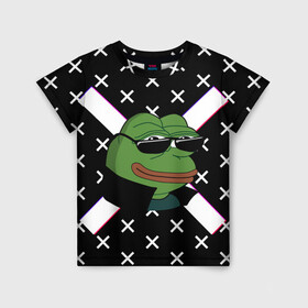 Детская футболка 3D с принтом Pepe в очках EZ в Новосибирске, 100% гипоаллергенный полиэфир | прямой крой, круглый вырез горловины, длина до линии бедер, чуть спущенное плечо, ткань немного тянется | ez | glitch | pepe | pepe frog | pepe в очках | silvername | twitch emout | жабка в очках | крестики