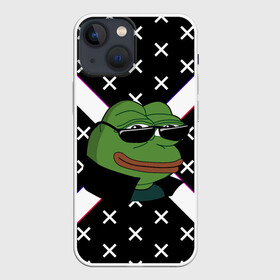 Чехол для iPhone 13 mini с принтом Pepe в очках EZ в Новосибирске,  |  | ez | glitch | pepe | pepe frog | pepe в очках | silvername | twitch emout | жабка в очках | крестики