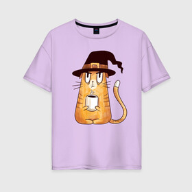 Женская футболка хлопок Oversize с принтом Сердитый котик с кофе в Новосибирске, 100% хлопок | свободный крой, круглый ворот, спущенный рукав, длина до линии бедер
 | cat | coffee | grumpy | hot | kitten | kitty | pussycat | witch | ароматный | в колпаке | в шляпе | ведьма | горячий | злой | кот | котик | котэ | кофе | кофеек | кошка | кружка | милый | не выспался | недовольный | прикол | сердитый