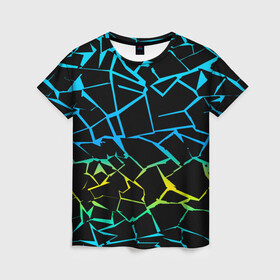 Женская футболка 3D с принтом НЕОНОВЫЙ ГРАДИЕНТ в Новосибирске, 100% полиэфир ( синтетическое хлопкоподобное полотно) | прямой крой, круглый вырез горловины, длина до линии бедер | геометрия | градиент | лед | молнии | неон | пестрый | полосы | разлом | синий | спортивный | стекло | текстура