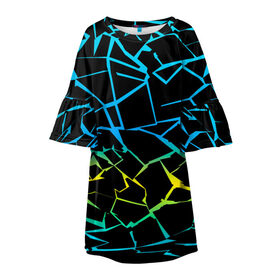 Детское платье 3D с принтом НЕОНОВЫЙ ГРАДИЕНТ в Новосибирске, 100% полиэстер | прямой силуэт, чуть расширенный к низу. Круглая горловина, на рукавах — воланы | геометрия | градиент | лед | молнии | неон | пестрый | полосы | разлом | синий | спортивный | стекло | текстура