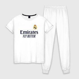 Женская пижама хлопок с принтом Real Madrid 2020/2021 в Новосибирске, 100% хлопок | брюки и футболка прямого кроя, без карманов, на брюках мягкая резинка на поясе и по низу штанин | 2021 | benzema | hazard | madrid | ramos | real | джерси | мадрид | реал | форма