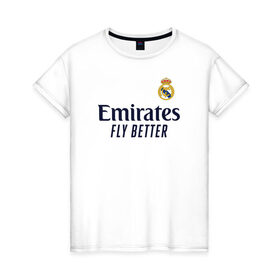 Женская футболка хлопок с принтом Real Madrid 2020/2021 в Новосибирске, 100% хлопок | прямой крой, круглый вырез горловины, длина до линии бедер, слегка спущенное плечо | 2021 | benzema | hazard | madrid | ramos | real | джерси | мадрид | реал | форма