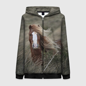 Женская толстовка 3D на молнии с принтом Конь в Новосибирске, 100% полиэстер | длина до линии бедра, манжеты и пояс оформлены мягкой тканевой резинкой, двухслойный капюшон со шнурком для регулировки, спереди молния, по бокам два кармана | животные | звери | кони | конь | коняшка | лошади | лошадка | лошадь | пони | природа