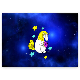 Поздравительная открытка с принтом Звездный Единорог в Новосибирске, 100% бумага | плотность бумаги 280 г/м2, матовая, на обратной стороне линовка и место для марки
 | angel | stars | unicorn | wings | ангел | блестящие | вселенная | галактика | детские | донат | еда | единорог | единорожки | звезды | копыта | космический | лошадка | лошадь | луна | малыш | неоновые | пегас | пони