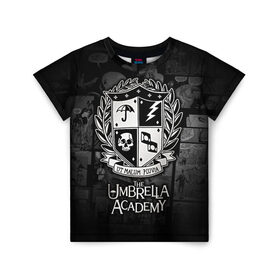 Детская футболка 3D с принтом Академия Амбрелла в Новосибирске, 100% гипоаллергенный полиэфир | прямой крой, круглый вырез горловины, длина до линии бедер, чуть спущенное плечо, ткань немного тянется | Тематика изображения на принте: the umbrella academy | umbrella | академия амбрелла | амбрелла | герб | зонтик | комиксы