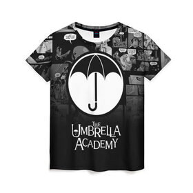 Женская футболка 3D с принтом Академия Амбрелла в Новосибирске, 100% полиэфир ( синтетическое хлопкоподобное полотно) | прямой крой, круглый вырез горловины, длина до линии бедер | the umbrella academy | umbrella | академия амбрелла | амбрелла | герб | зонтик | комиксы