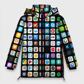 Женская зимняя куртка 3D с принтом Iphone and Apps Icons в Новосибирске, верх — 100% полиэстер; подкладка — 100% полиэстер; утеплитель — 100% полиэстер | длина ниже бедра, силуэт Оверсайз. Есть воротник-стойка, отстегивающийся капюшон и ветрозащитная планка. 

Боковые карманы с листочкой на кнопках и внутренний карман на молнии | android | apk | apps | icon | iphone | iphone and apps icons | social | айфон | андроид | значок | приложение