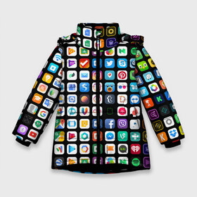 Зимняя куртка для девочек 3D с принтом Iphone and Apps Icons в Новосибирске, ткань верха — 100% полиэстер; подклад — 100% полиэстер, утеплитель — 100% полиэстер. | длина ниже бедра, удлиненная спинка, воротник стойка и отстегивающийся капюшон. Есть боковые карманы с листочкой на кнопках, утяжки по низу изделия и внутренний карман на молнии. 

Предусмотрены светоотражающий принт на спинке, радужный светоотражающий элемент на пуллере молнии и на резинке для утяжки. | Тематика изображения на принте: android | apk | apps | icon | iphone | iphone and apps icons | social | айфон | андроид | значок | приложение