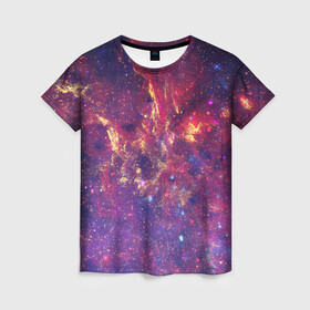 Женская футболка 3D с принтом Огненный разлом в Новосибирске, 100% полиэфир ( синтетическое хлопкоподобное полотно) | прямой крой, круглый вырез горловины, длина до линии бедер | арт | желтый | звёзды | космос | красный | облако | синий | сияние | фиолетовый | яркие цвета