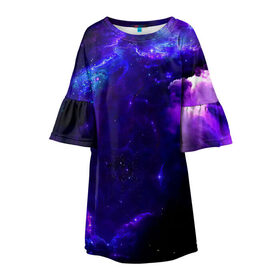 Детское платье 3D с принтом Космическое небо в Новосибирске, 100% полиэстер | прямой силуэт, чуть расширенный к низу. Круглая горловина, на рукавах — воланы | арт | звёзды | иний | космос | облако | розовый | сияние | тёмный | туманность | фиолоетовый | черный | яркие цвета