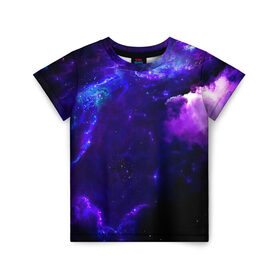 Детская футболка 3D с принтом Космическое небо в Новосибирске, 100% гипоаллергенный полиэфир | прямой крой, круглый вырез горловины, длина до линии бедер, чуть спущенное плечо, ткань немного тянется | арт | звёзды | иний | космос | облако | розовый | сияние | тёмный | туманность | фиолоетовый | черный | яркие цвета