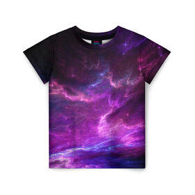Детская футболка 3D с принтом Космическое небо в Новосибирске, 100% гипоаллергенный полиэфир | прямой крой, круглый вырез горловины, длина до линии бедер, чуть спущенное плечо, ткань немного тянется | арт | звёзды | космос | облако | розовый | синий | сияние | туманность | фиолетовый | яркие цвета