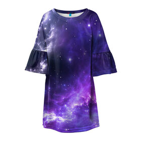 Детское платье 3D с принтом Космическое небо в Новосибирске, 100% полиэстер | прямой силуэт, чуть расширенный к низу. Круглая горловина, на рукавах — воланы | Тематика изображения на принте: арт | белый | бирюзовый | звёзды | космос | облако | розовый | синий | сияние | тёмный | туманность | фиолетовый | яркие цвета