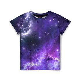 Детская футболка 3D с принтом Космическое небо в Новосибирске, 100% гипоаллергенный полиэфир | прямой крой, круглый вырез горловины, длина до линии бедер, чуть спущенное плечо, ткань немного тянется | арт | белый | бирюзовый | звёзды | космос | облако | розовый | синий | сияние | тёмный | туманность | фиолетовый | яркие цвета