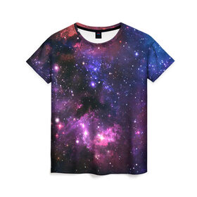Женская футболка 3D с принтом Космическое небо в Новосибирске, 100% полиэфир ( синтетическое хлопкоподобное полотно) | прямой крой, круглый вырез горловины, длина до линии бедер | арт | звёзды | космос | красный | облако | розовый | синий | сияние | темный | туманность | фиолетовый | яркие цвета