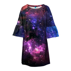 Детское платье 3D с принтом Космическое небо в Новосибирске, 100% полиэстер | прямой силуэт, чуть расширенный к низу. Круглая горловина, на рукавах — воланы | Тематика изображения на принте: арт | звёзды | космос | красный | облако | розовый | синий | сияние | темный | туманность | фиолетовый | яркие цвета