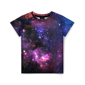 Детская футболка 3D с принтом Космическое небо в Новосибирске, 100% гипоаллергенный полиэфир | прямой крой, круглый вырез горловины, длина до линии бедер, чуть спущенное плечо, ткань немного тянется | Тематика изображения на принте: арт | звёзды | космос | красный | облако | розовый | синий | сияние | темный | туманность | фиолетовый | яркие цвета