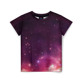 Детская футболка 3D с принтом Космическая вспышка в Новосибирске, 100% гипоаллергенный полиэфир | прямой крой, круглый вырез горловины, длина до линии бедер, чуть спущенное плечо, ткань немного тянется | арт | желтый | звёзды | космос | красный | облако | розовый | сияние | фиолетовый | яркие цвета