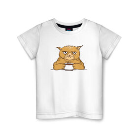 Детская футболка хлопок с принтом Grumpy Cat Coffee в Новосибирске, 100% хлопок | круглый вырез горловины, полуприлегающий силуэт, длина до линии бедер | cat | coffee | grumpy | hot | kitten | kitty | pussycat | ароматный | горячий | грампи | злой | киса | кот | котик | котэ | кофе | кофеек | кошка | кружка | милый | не выспался | недовольный | прикол | сердитый | сонный | чашка