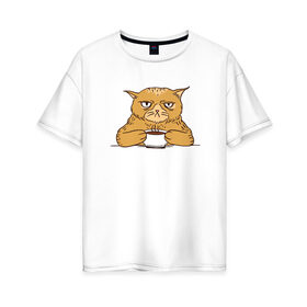 Женская футболка хлопок Oversize с принтом Grumpy Cat Coffee в Новосибирске, 100% хлопок | свободный крой, круглый ворот, спущенный рукав, длина до линии бедер
 | cat | coffee | grumpy | hot | kitten | kitty | pussycat | ароматный | горячий | грампи | злой | киса | кот | котик | котэ | кофе | кофеек | кошка | кружка | милый | не выспался | недовольный | прикол | сердитый | сонный | чашка