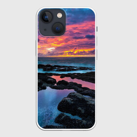 Чехол для iPhone 13 mini с принтом Закат в Новосибирске,  |  | вечер | вода | волна | волны | восход | горизонт | запад | капли | крабы | луна | море | небо | ночь | облака | океан | оранжевая | оранжевый | остров | пейзаж | пляж | радуга | ракушки | рассвет | синий