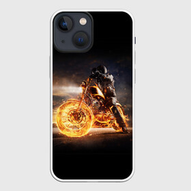 Чехол для iPhone 13 mini с принтом Flame в Новосибирске,  |  | fire | flame | helmet | motorcycle | night | racer | гонщик | мотоцикл | ночь | огонь | пламя | шлем