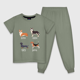 Детская пижама хлопок с принтом корги хаски такса бигль белый  в Новосибирске, 100% хлопок |  брюки и футболка прямого кроя, без карманов, на брюках мягкая резинка на поясе и по низу штанин
 | Тематика изображения на принте: бигль | корги | песокафе | собаки | такса | хаски