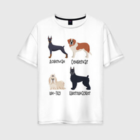 Женская футболка хлопок Oversize с принтом доберман ши-тцу в Новосибирске, 100% хлопок | свободный крой, круглый ворот, спущенный рукав, длина до линии бедер
 | доберман | песокафе | сенбернар | собаки | ши тцу