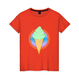 Женская футболка хлопок с принтом Мятное мороженое в Новосибирске, 100% хлопок | прямой крой, круглый вырез горловины, длина до линии бедер, слегка спущенное плечо | Тематика изображения на принте: вафля | вкусно | круг | лето | мороженое | подтеки | посыпка | свечение | сладости
