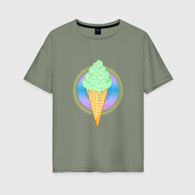 Женская футболка хлопок Oversize с принтом Мятное мороженое в Новосибирске, 100% хлопок | свободный крой, круглый ворот, спущенный рукав, длина до линии бедер
 | Тематика изображения на принте: вафля | вкусно | круг | лето | мороженое | подтеки | посыпка | свечение | сладости