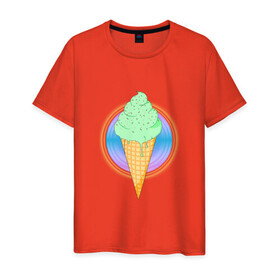 Мужская футболка хлопок с принтом Мятное мороженое в Новосибирске, 100% хлопок | прямой крой, круглый вырез горловины, длина до линии бедер, слегка спущенное плечо. | Тематика изображения на принте: вафля | вкусно | круг | лето | мороженое | подтеки | посыпка | свечение | сладости