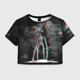Женская футболка Crop-top 3D с принтом Siren Head Horror  в Новосибирске, 100% полиэстер | круглая горловина, длина футболки до линии талии, рукава с отворотами | glitch | glitch siren head | rgb | siren head | sirena | глитч | глич | ретро | сирейноголовый | сирена | сиреноголовый