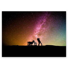 Поздравительная открытка с принтом Звёздный пейзаж в Новосибирске, 100% бумага | плотность бумаги 280 г/м2, матовая, на обратной стороне линовка и место для марки
 | astronomy | байк | вселенная | звезда | звёзды | космос | любовь | люди | мопед | мото | мотоцикл | пейзаж | свидание | человек