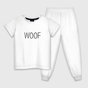 Детская пижама хлопок с принтом Woof в Новосибирске, 100% хлопок |  брюки и футболка прямого кроя, без карманов, на брюках мягкая резинка на поясе и по низу штанин
 | Тематика изображения на принте: woof | животные | звери | надпись | пёс | песокафе | питомцы | собака | собаки | собачка | щенок