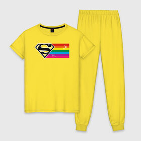 Женская пижама хлопок с принтом Superman Rainbow Logo в Новосибирске, 100% хлопок | брюки и футболка прямого кроя, без карманов, на брюках мягкая резинка на поясе и по низу штанин | dc pride | justice league | pride | superman | vdosadir | лига справедливости | прайд | радуга | супермен