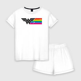 Женская пижама с шортиками хлопок с принтом Wonder Woman Rainbow Logo в Новосибирске, 100% хлопок | футболка прямого кроя, шорты свободные с широкой мягкой резинкой | Тематика изображения на принте: dc pride | justice league | pride | vdosadir | wonder woman | лига справедливости | прайд | радуга | чудо женщина