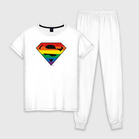 Женская пижама хлопок с принтом Superman Logo в Новосибирске, 100% хлопок | брюки и футболка прямого кроя, без карманов, на брюках мягкая резинка на поясе и по низу штанин | dc pride | justice league | pride | superman | vdosadir | лига справедливости | прайд | радуга | супермен
