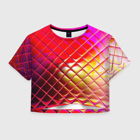 Женская футболка Crop-top 3D с принтом Зеркальная сетка в Новосибирске, 100% полиэстер | круглая горловина, длина футболки до линии талии, рукава с отворотами | Тематика изображения на принте: зеркало | искажение | красный | оранжевый | розовый | сетка | стекло | фиолетовый