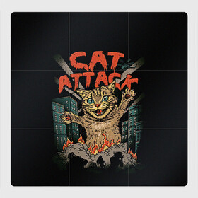 Магнитный плакат 3Х3 с принтом Нападение гигантского котика в Новосибирске, Полимерный материал с магнитным слоем | 9 деталей размером 9*9 см | Тематика изображения на принте: attack | attacks | big | cat | cats | catzilla | city | cute | flame | flames | kaiju | kitten | kitty | атака | атакует | большой | город | кайдзю | катастрофа | кот | котенок | котзилла | котик | котострофа | милый | нападает | огонь | огро