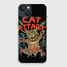 Чехол для iPhone 13 с принтом Нападение гигантского котика в Новосибирске,  |  | attack | attacks | big | cat | cats | catzilla | city | cute | flame | flames | kaiju | kitten | kitty | атака | атакует | большой | город | кайдзю | катастрофа | кот | котенок | котзилла | котик | котострофа | милый | нападает | огонь | огро