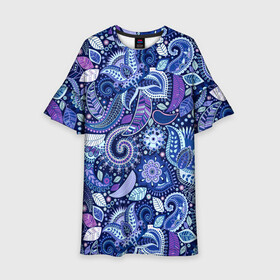 Детское платье 3D с принтом ВОСТОЧНЫЙ УЗОР в Новосибирске, 100% полиэстер | прямой силуэт, чуть расширенный к низу. Круглая горловина, на рукавах — воланы | восток | гжель | красивый | природа | синий | сказка | узор | фиолетовый | цветы