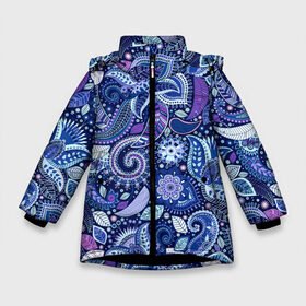 Зимняя куртка для девочек 3D с принтом ВОСТОЧНЫЙ УЗОР в Новосибирске, ткань верха — 100% полиэстер; подклад — 100% полиэстер, утеплитель — 100% полиэстер. | длина ниже бедра, удлиненная спинка, воротник стойка и отстегивающийся капюшон. Есть боковые карманы с листочкой на кнопках, утяжки по низу изделия и внутренний карман на молнии. 

Предусмотрены светоотражающий принт на спинке, радужный светоотражающий элемент на пуллере молнии и на резинке для утяжки. | восток | гжель | красивый | природа | синий | сказка | узор | фиолетовый | цветы