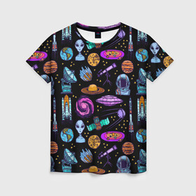 Женская футболка 3D с принтом космос в Новосибирске, 100% полиэфир ( синтетическое хлопкоподобное полотно) | прямой крой, круглый вырез горловины, длина до линии бедер | астрономия | вселенная | галактика | графика | гуманоид | звезды | инопланетяне | космос | нло | прешелец