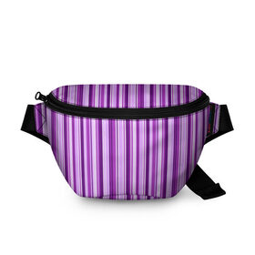 Поясная сумка 3D с принтом Фиолетово-чёрные полосы в Новосибирске, 100% полиэстер | плотная ткань, ремень с регулируемой длиной, внутри несколько карманов для мелочей, основное отделение и карман с обратной стороны сумки застегиваются на молнию | вертикальные полосы | вертикальный рисунок | линии | полосы | розовый | светлый | темный | фиолетовый | черный